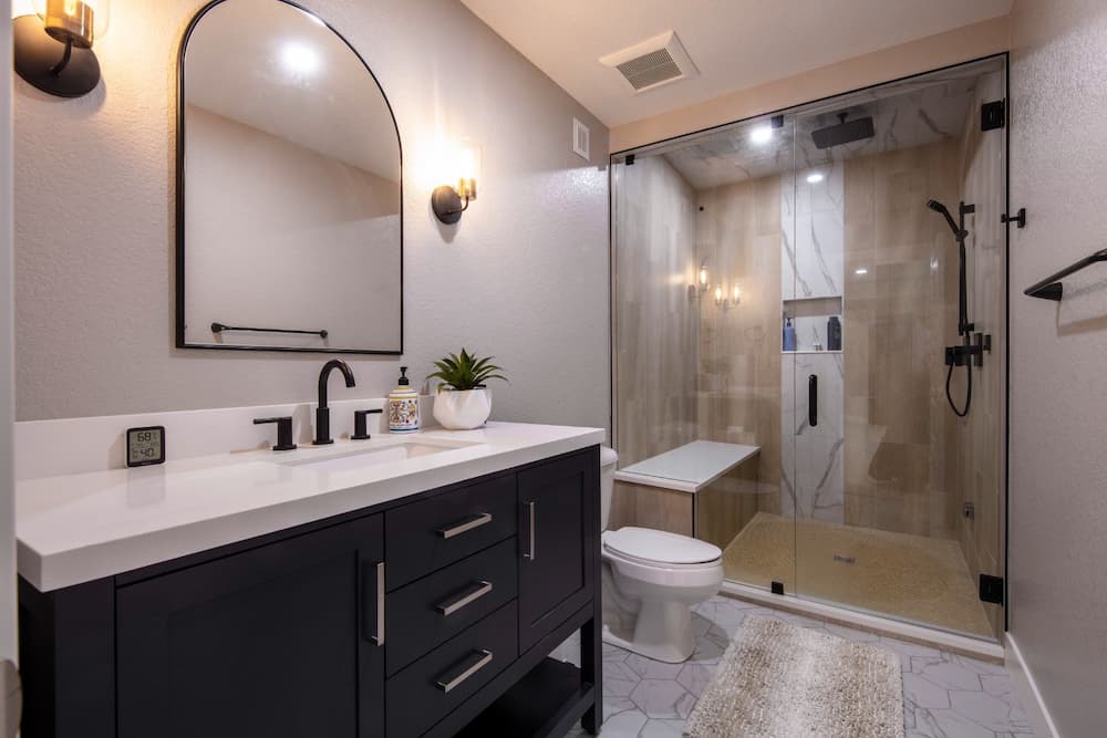 A modern bathroom featuring a dark vanity with a white countertop, a large mirror, a glass shower with stone finishes, a toilet, and a small plant.